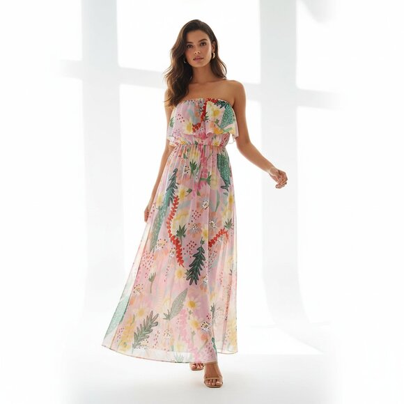 Entro Strapless Floral Maxi Dress Size Small Ruffle Tropical Resort Boho Flutter - Picture 1 of 5